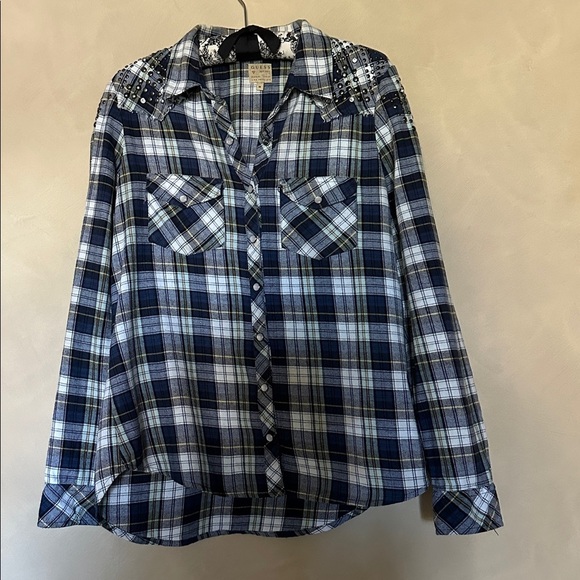 Guess Tops - GUESS Flannel Button Pearl Snap Shirt Blue Plaid Rhinestones Women's Meduim